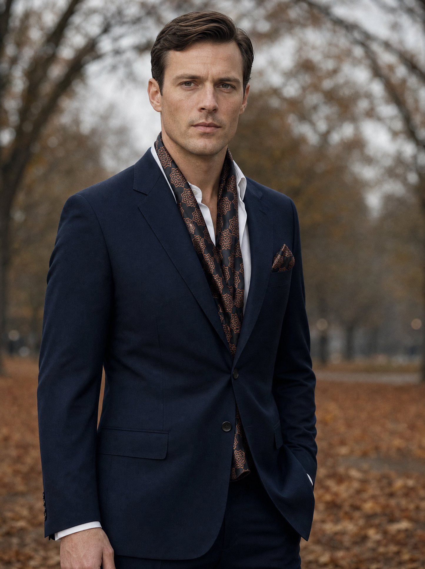Brown Indigo Silk Scarf & Pocket Square Set worn by a model — men's scarf