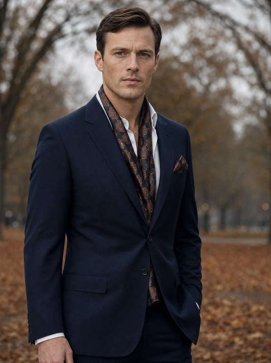 Brown Indigo Silk Scarf & Pocket Square Set worn by a model — men's scarf