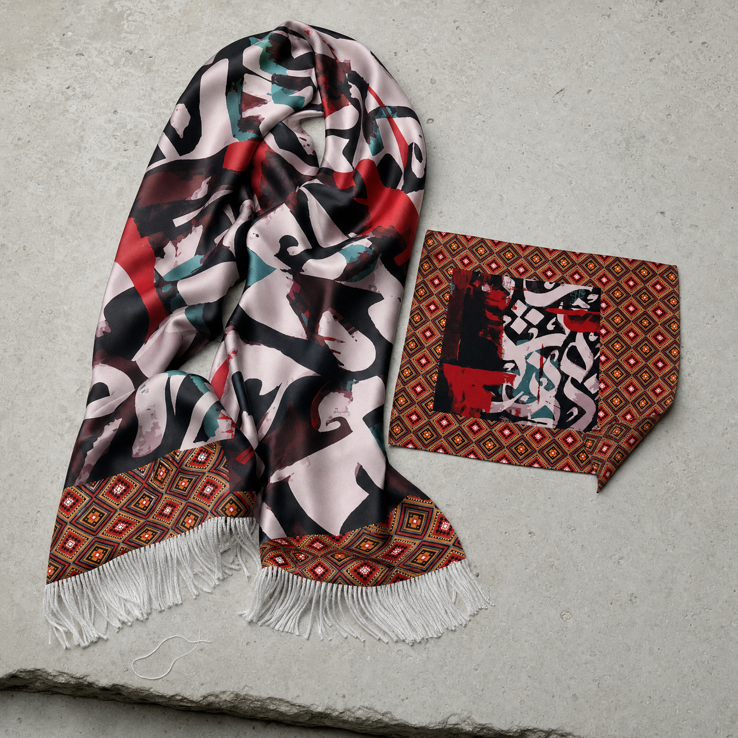 Calligraphic Mosaic Silk Scarf & Pocket Square Set — 100% silk scarf, draped detail