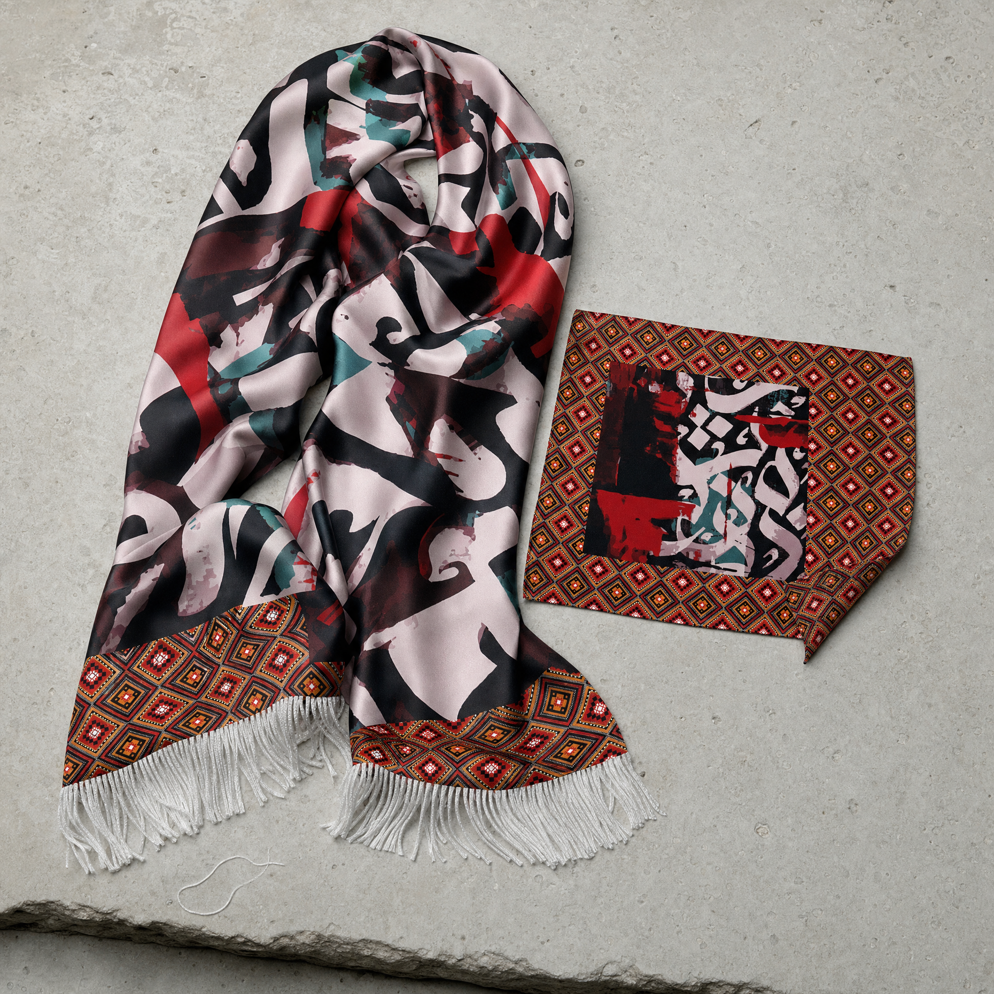 Calligraphic Mosaic Silk Scarf & Pocket Square Set — 100% silk scarf, draped detail