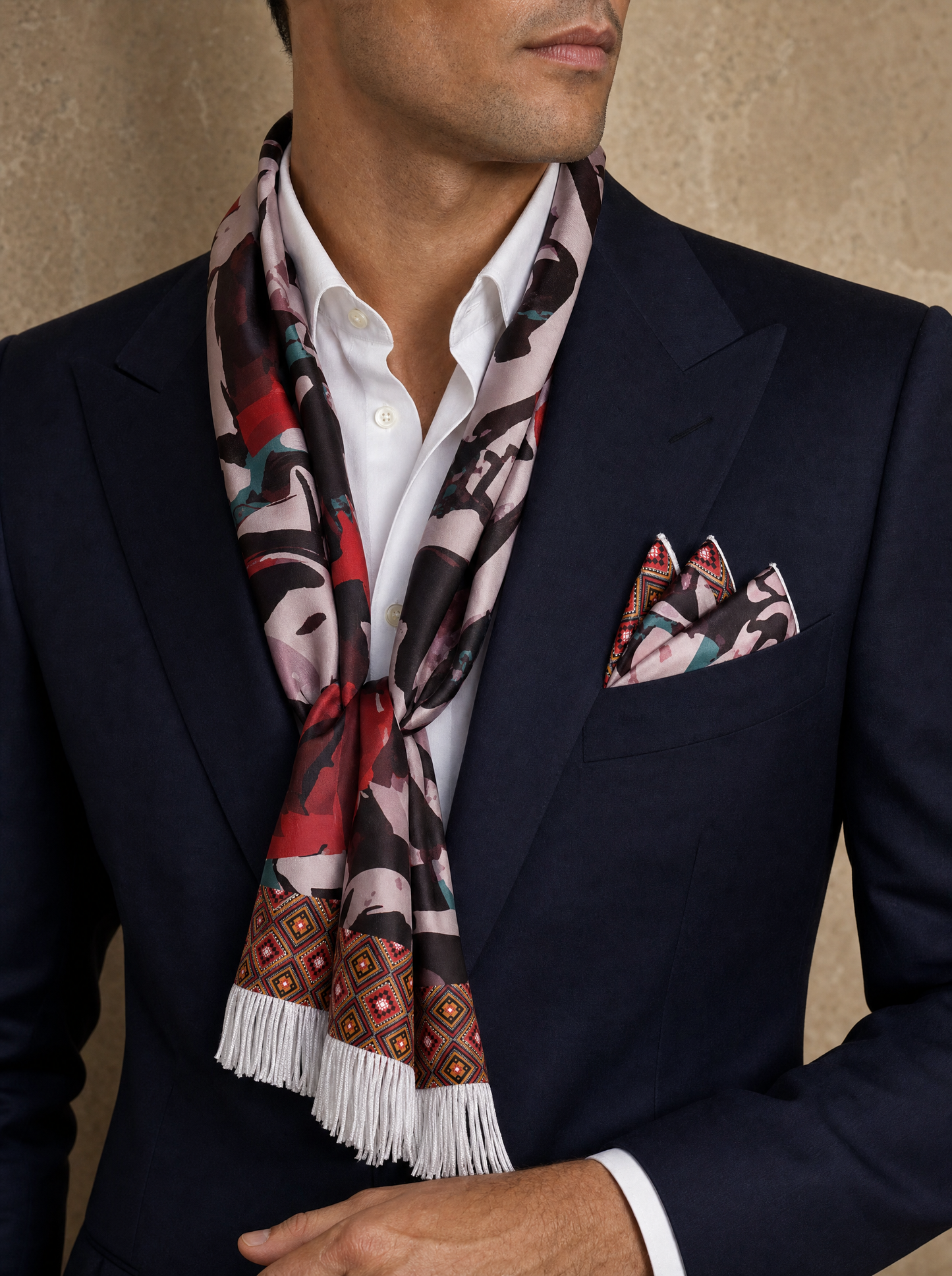 Calligraphic Mosaic Silk Scarf & Pocket Square Set worn by a model — men's scarf