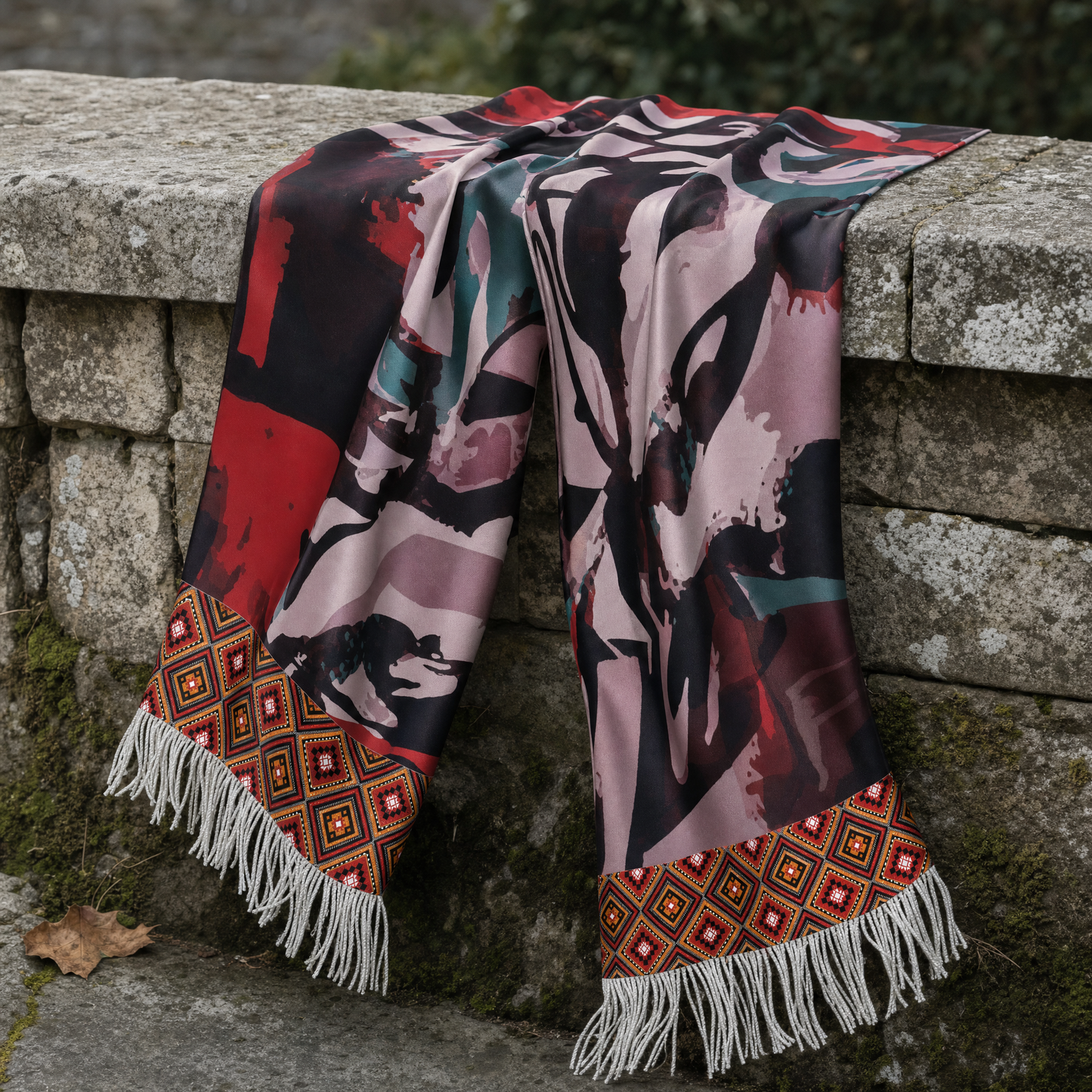Calligraphic Mosaic Silk Scarf — 100% silk scarf, draped detail