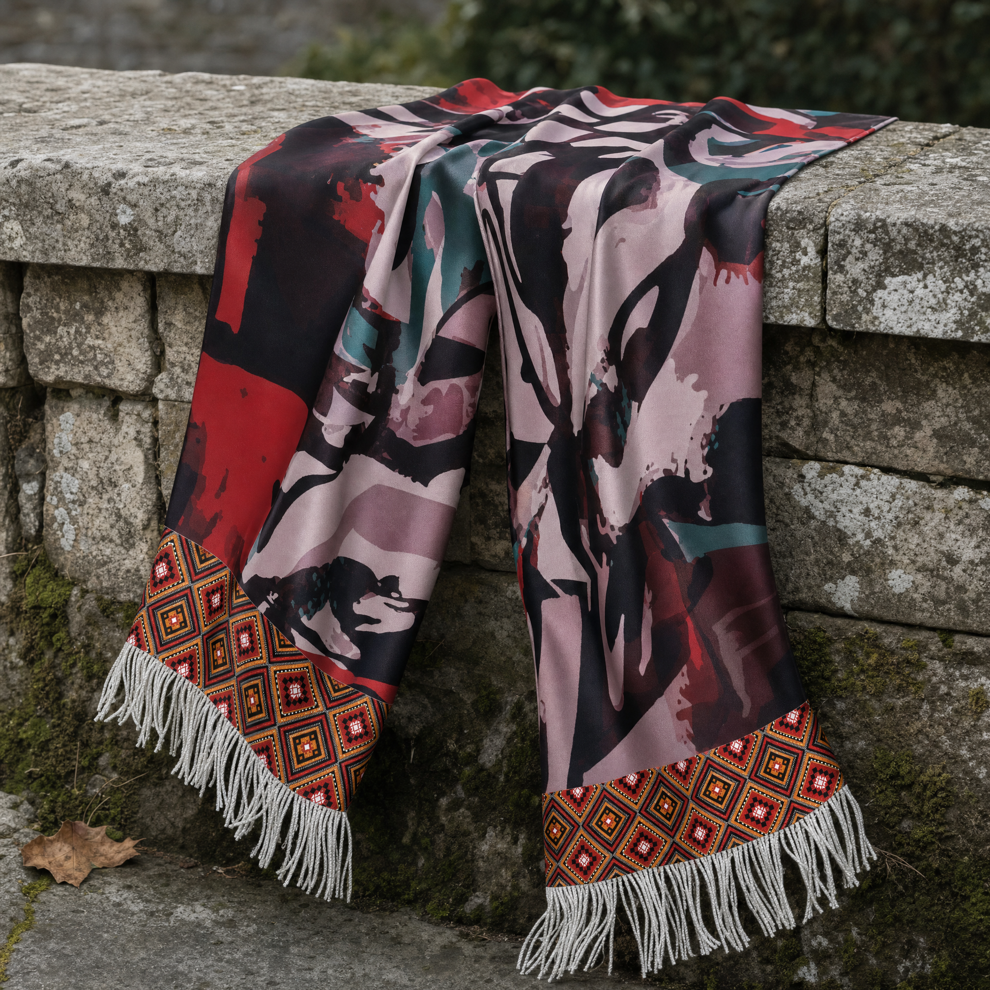 Calligraphic Mosaic Silk Scarf — 100% silk scarf, draped detail