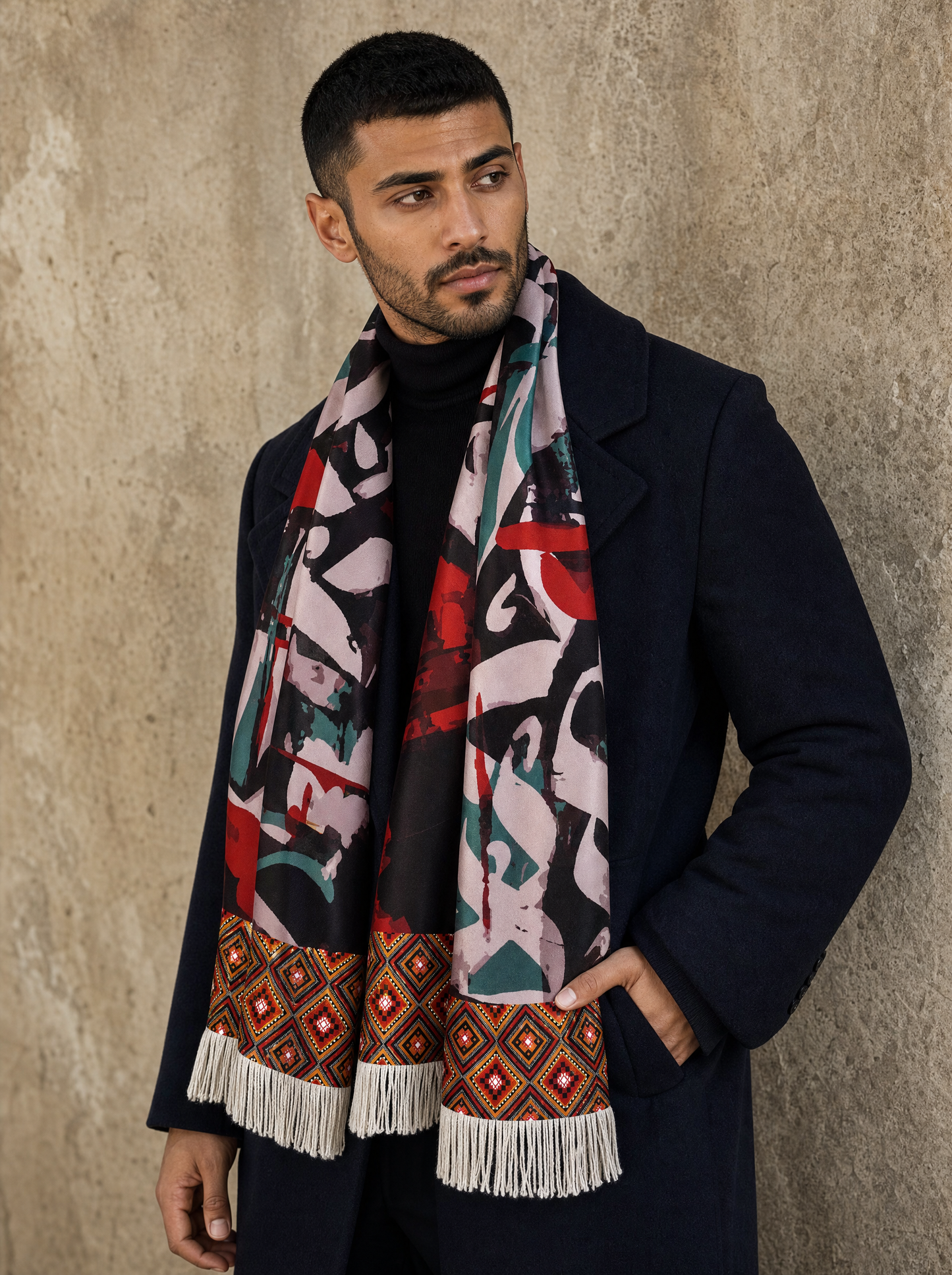 Calligraphic Mosaic Silk Scarf worn by a model — men's scarf