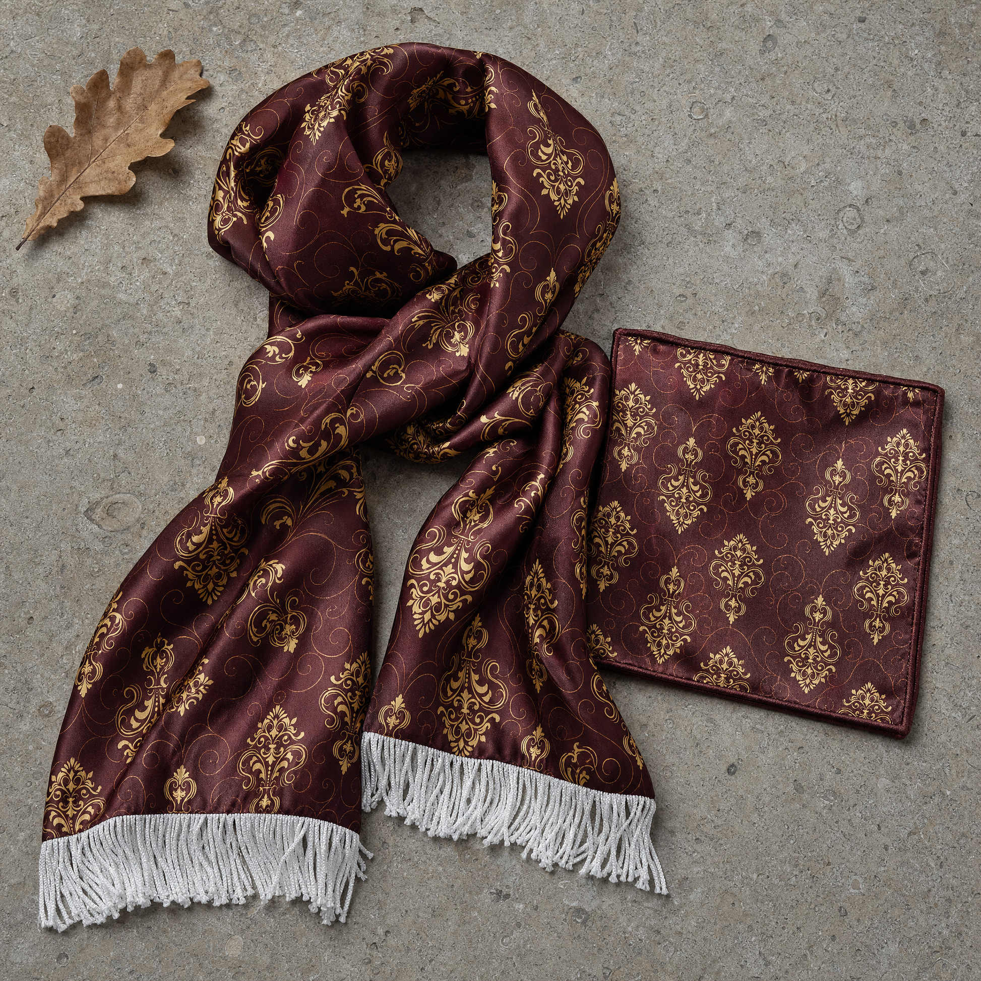 Caput Mortuum Dark Silk Scarf & Pocket Square Set — 100% silk scarf, draped detail