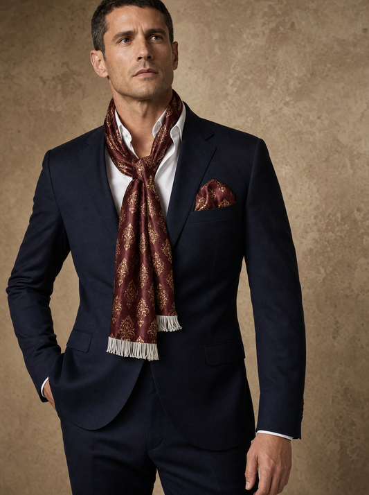 Caput Mortuum Dark Silk Scarf & Pocket Square Set worn by a model — men's scarf