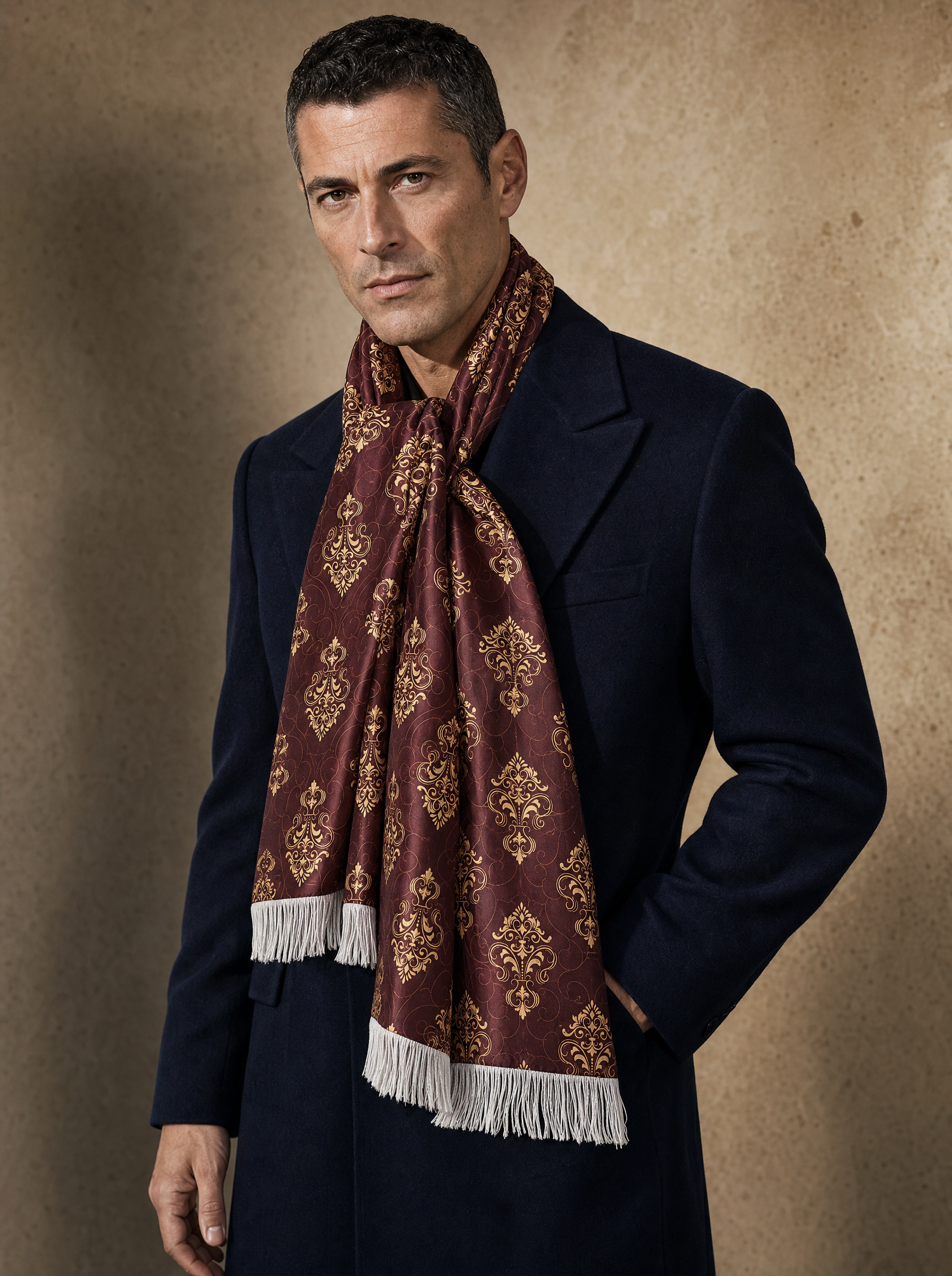 Caput Mortuum Dark Silk Scarf worn by a model — men's scarf