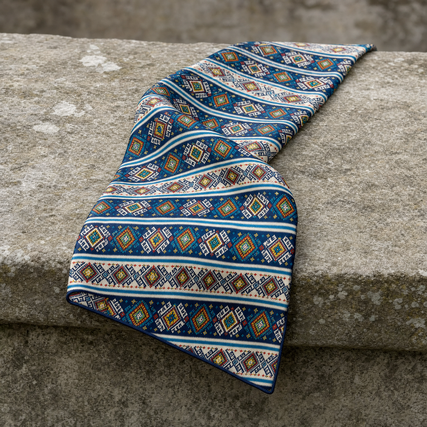 Diamond Maze Silk Cravat — 100% silk cravat, draped detail