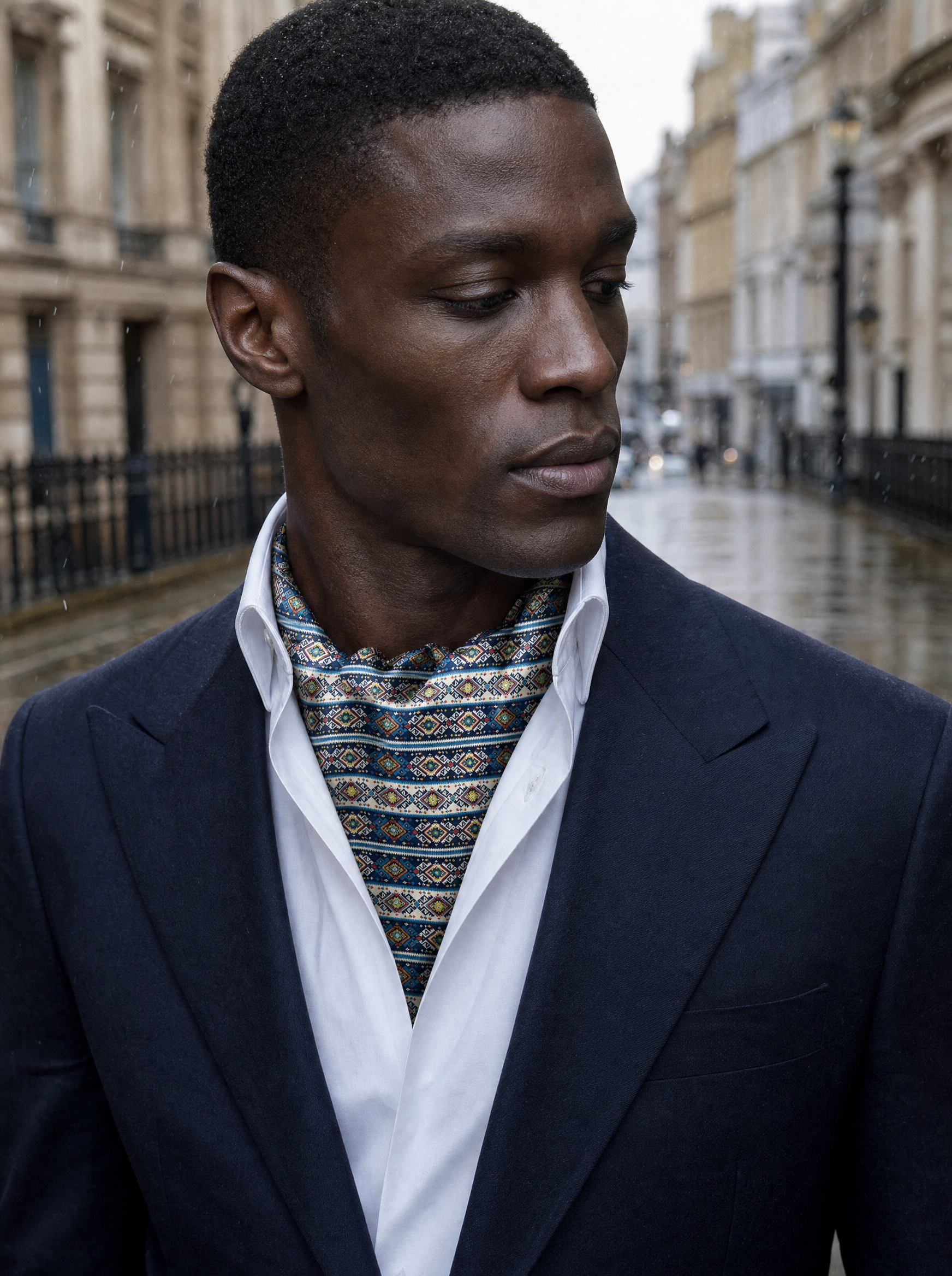 Diamond Maze Silk Cravat worn by a model — men's cravat