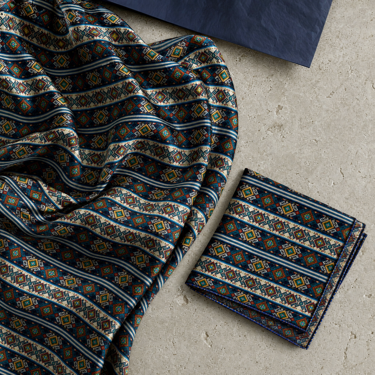 Diamond Maze Silk Scarf & Pocket Square Set — 100% silk scarf, draped detail