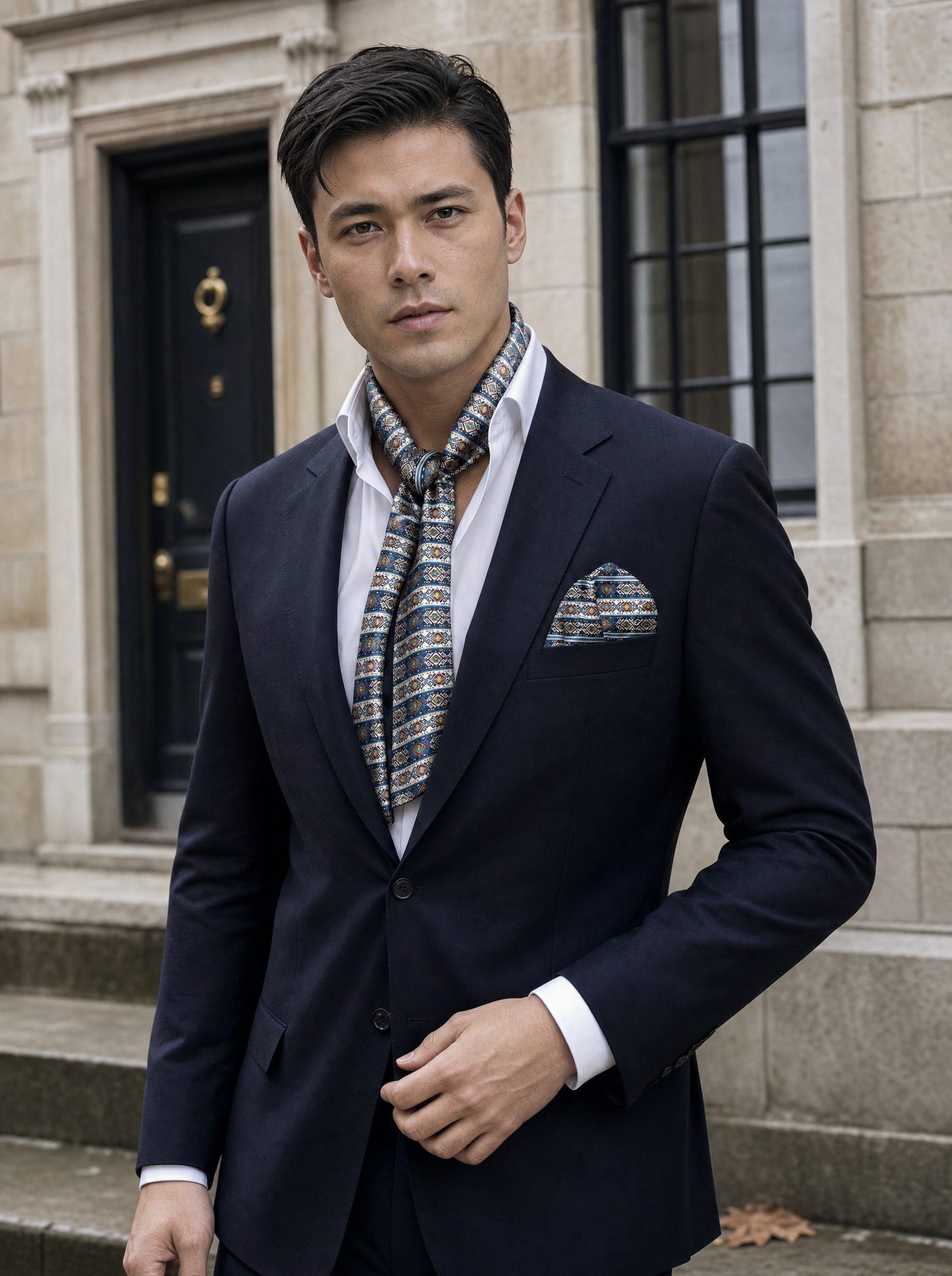 Diamond Maze Silk Scarf & Pocket Square Set worn by a model — men's scarf