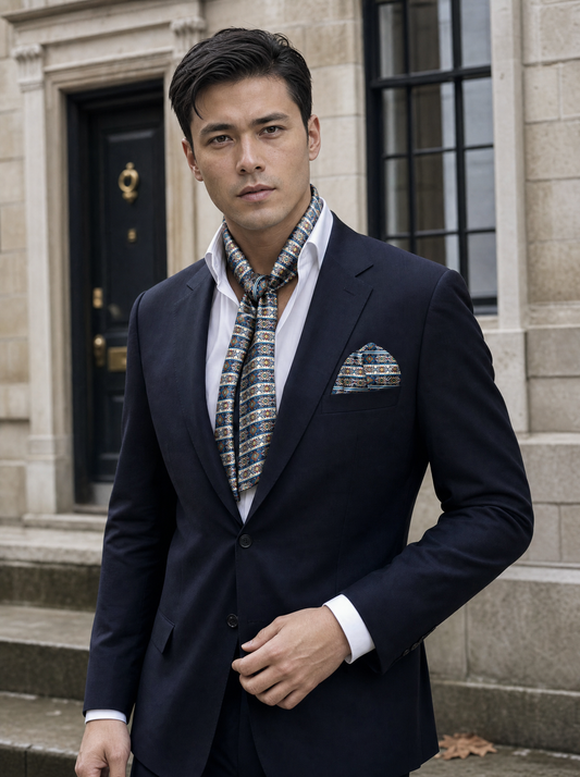 Diamond Maze Silk Scarf & Pocket Square Set worn by a model — men's scarf