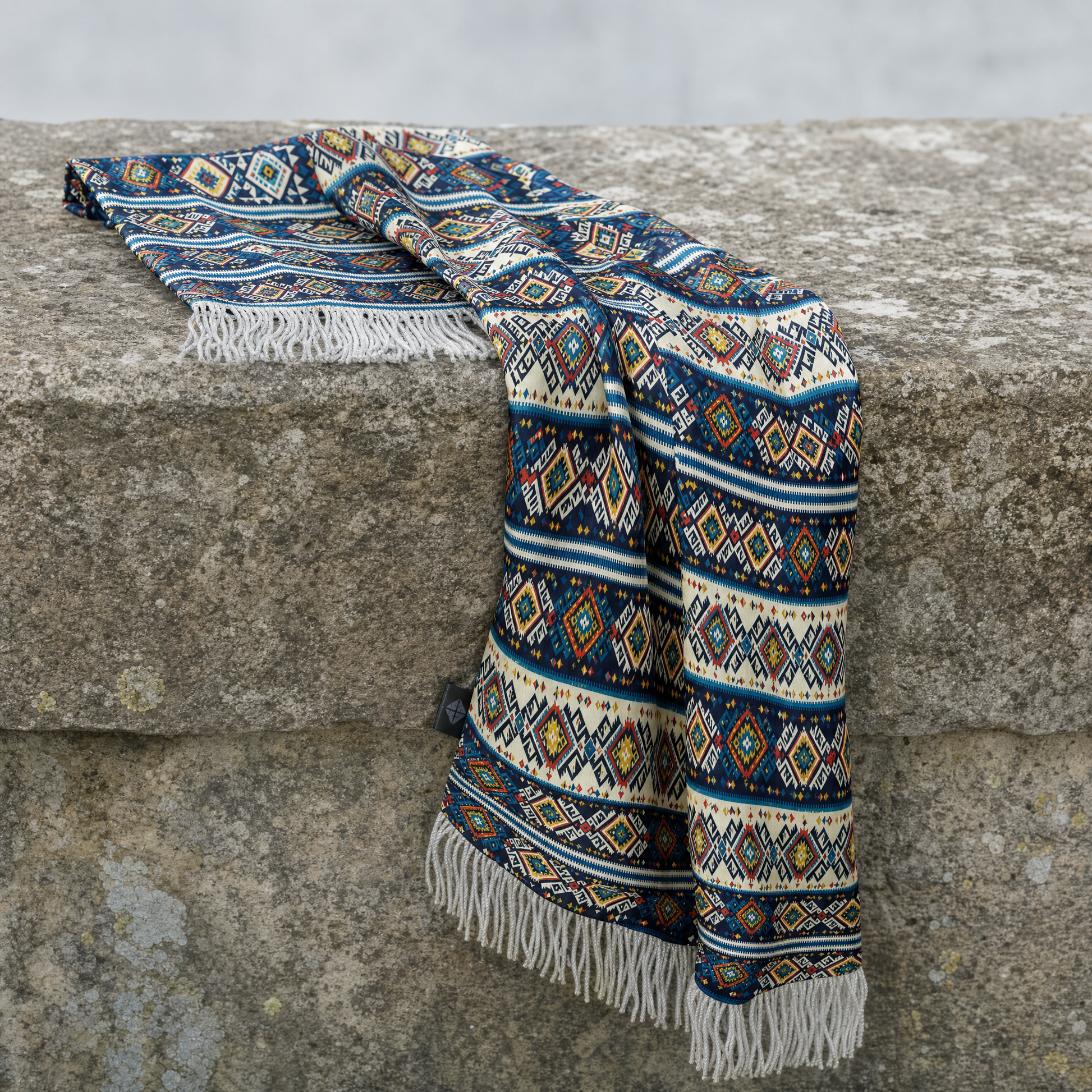 Diamond Maze Silk Scarf — 100% silk scarf, draped detail