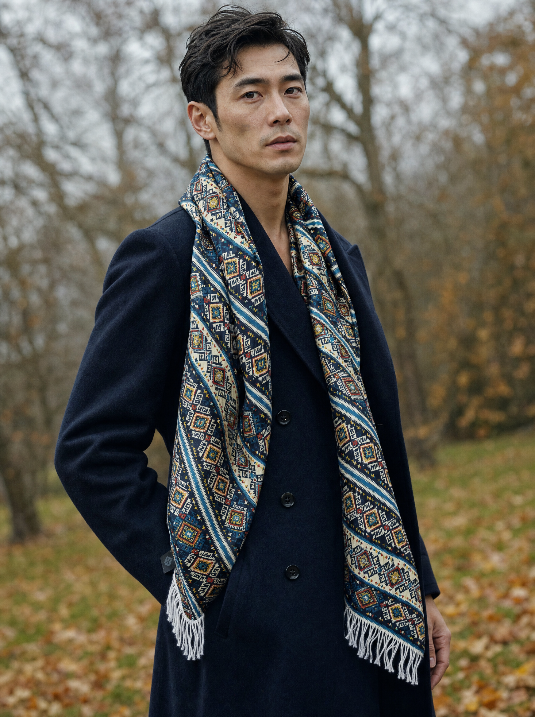 Diamond Maze Silk Scarf worn by a model — men's scarf