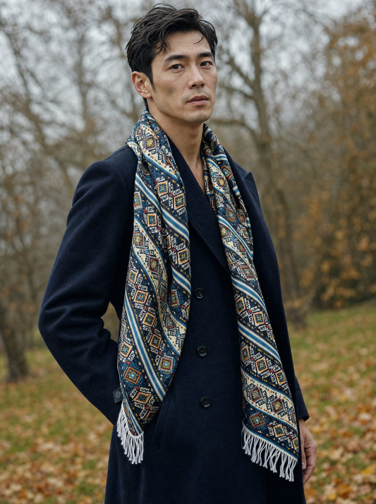 Diamond Maze Silk Scarf worn by a model — men's scarf