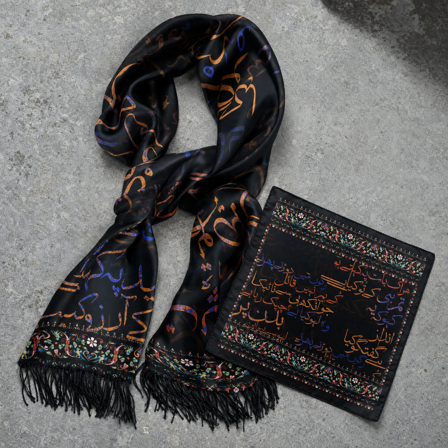 Diwan-E-Ghalib Silk Scarf & Pocket Square Set — 100% silk scarf, draped detail