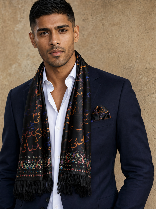 Diwan-E-Ghalib Silk Scarf & Pocket Square Set worn by a model — men's scarf