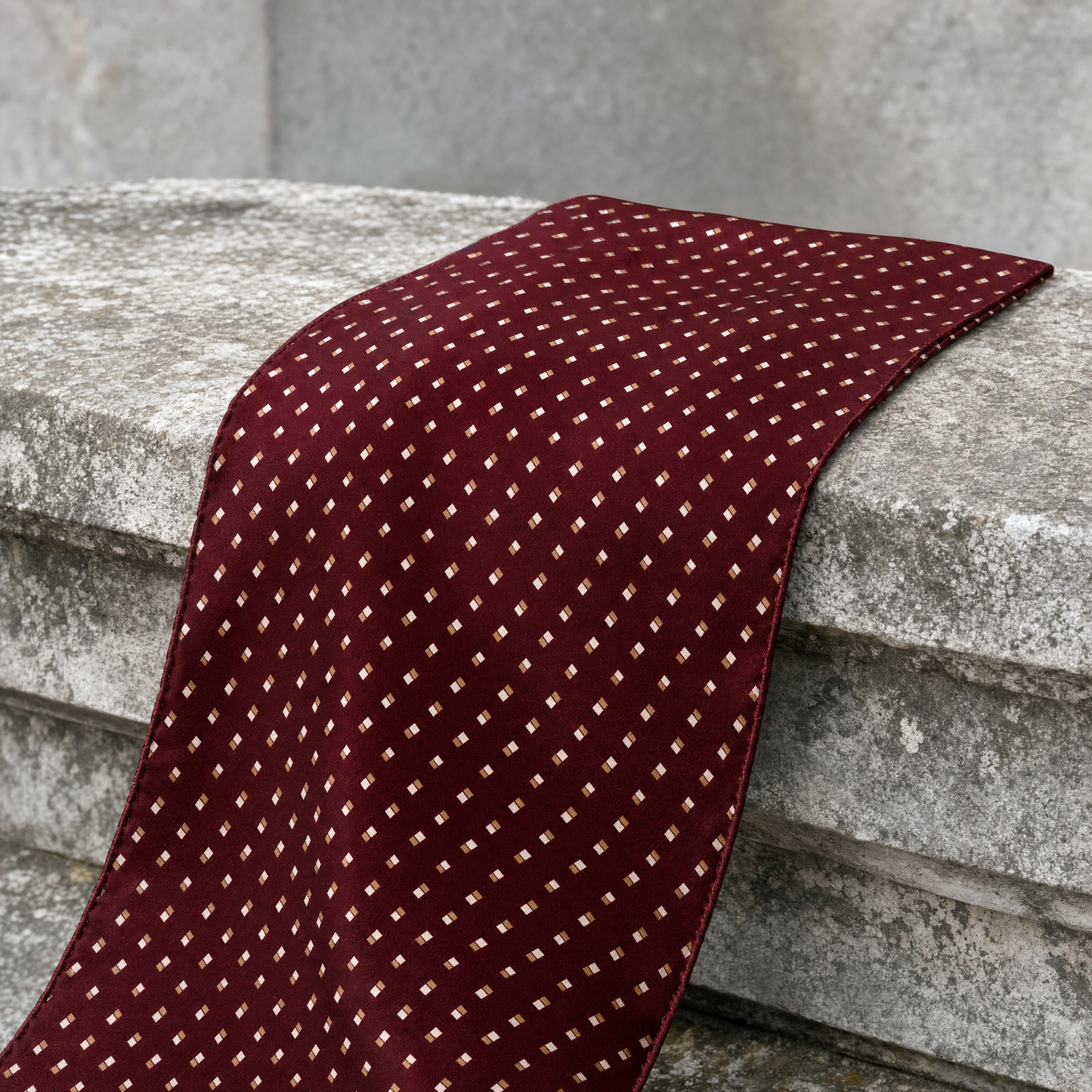 Double Dotted Maroon Silk Cravat — 100% silk cravat, draped detail