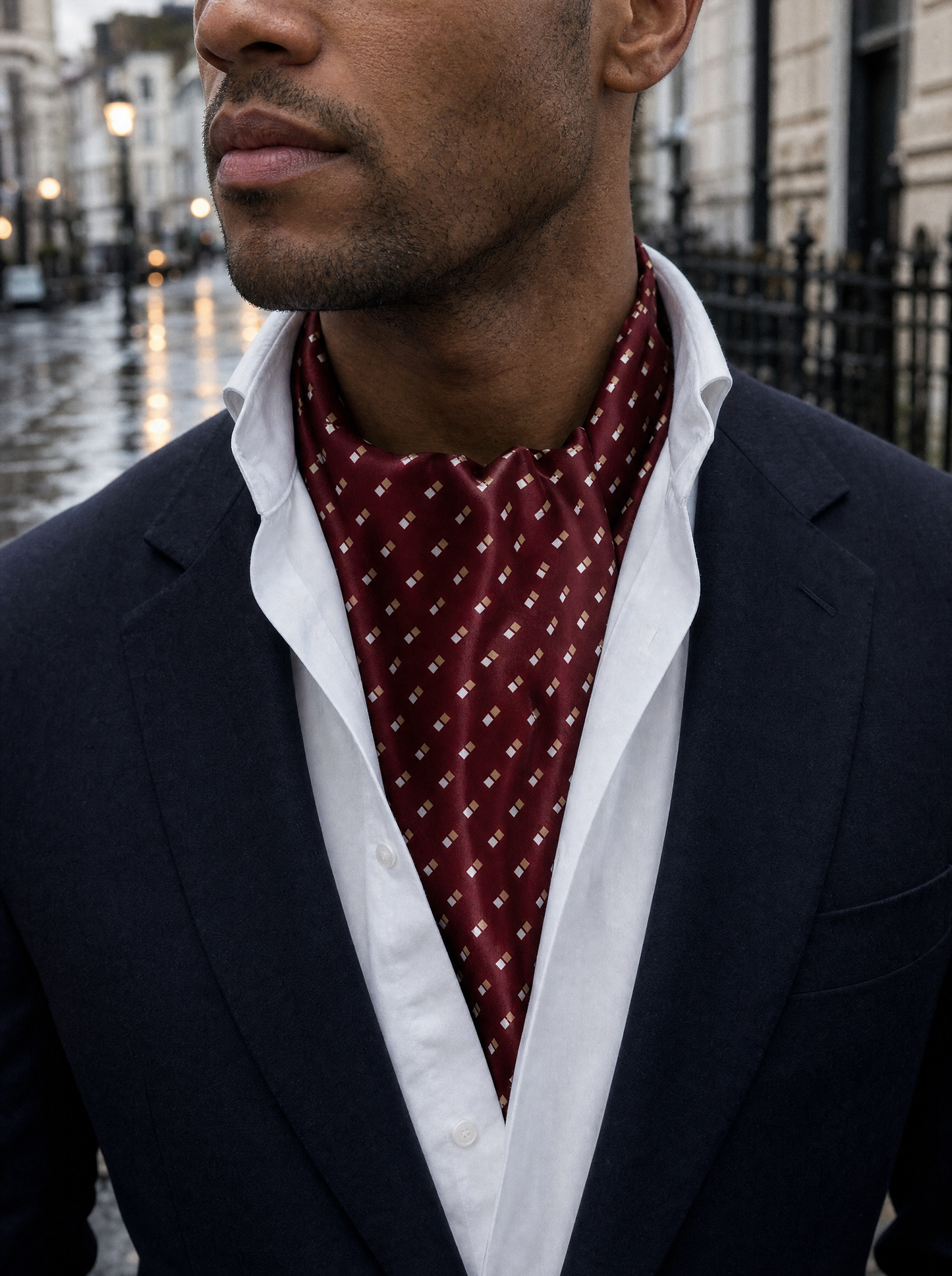 Double Dotted Maroon Silk Cravat worn by a model — men's cravat