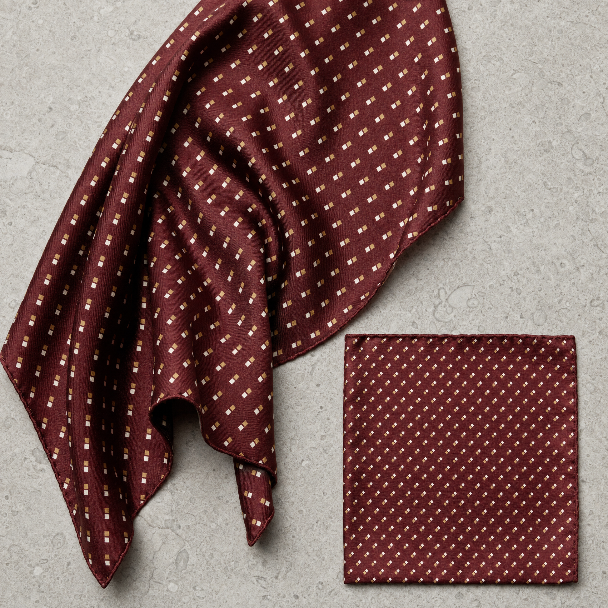 Double Dotted Maroon Silk Scarf & Pocket Square Set — 100% silk scarf, draped detail