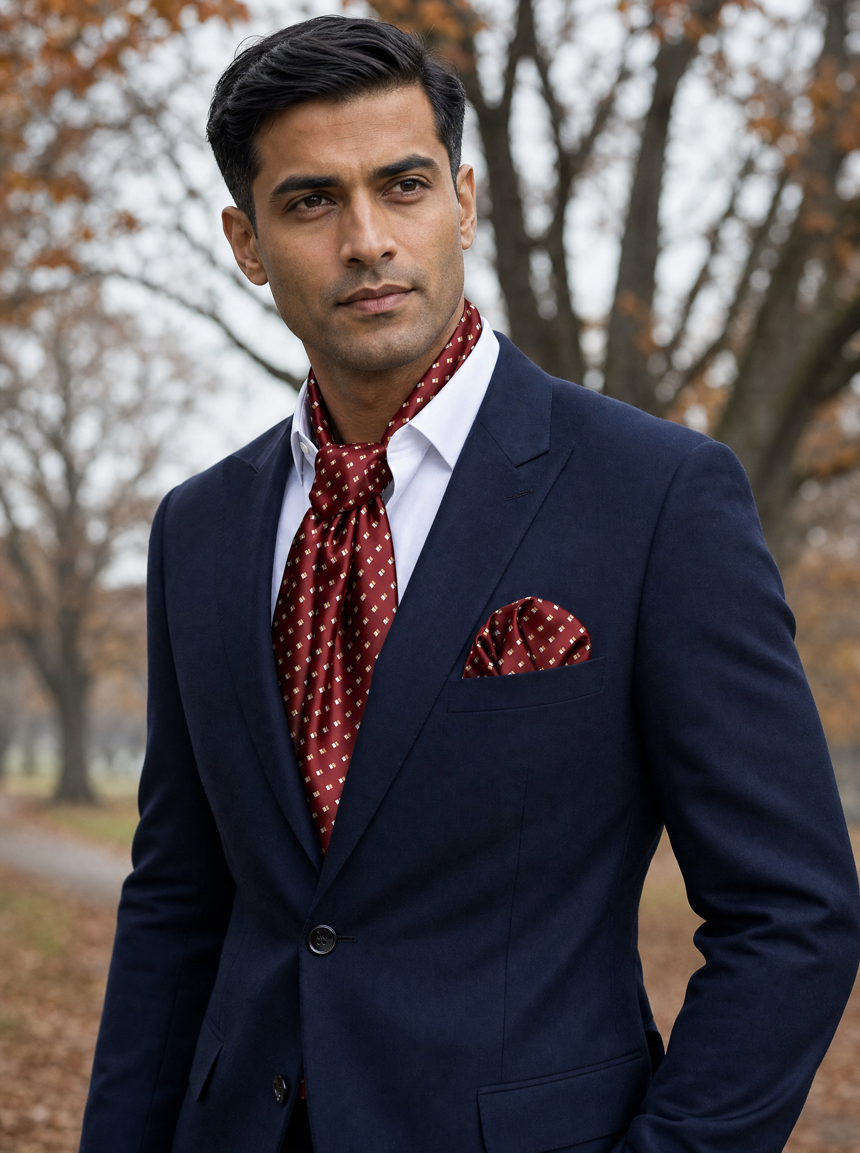 Double Dotted Maroon Silk Scarf & Pocket Square Set worn by a model — men's scarf