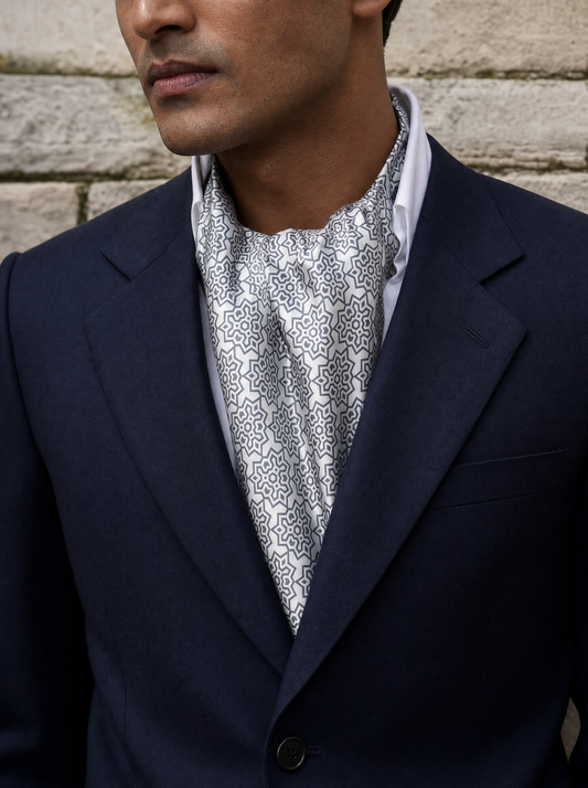 Floral Indigo Silk Cravat worn by a model — men's cravat