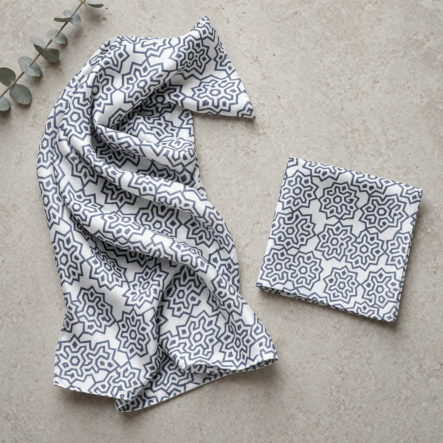 Floral Indigo Silk Scarf & Pocket Square Set — 100% silk scarf, draped detail