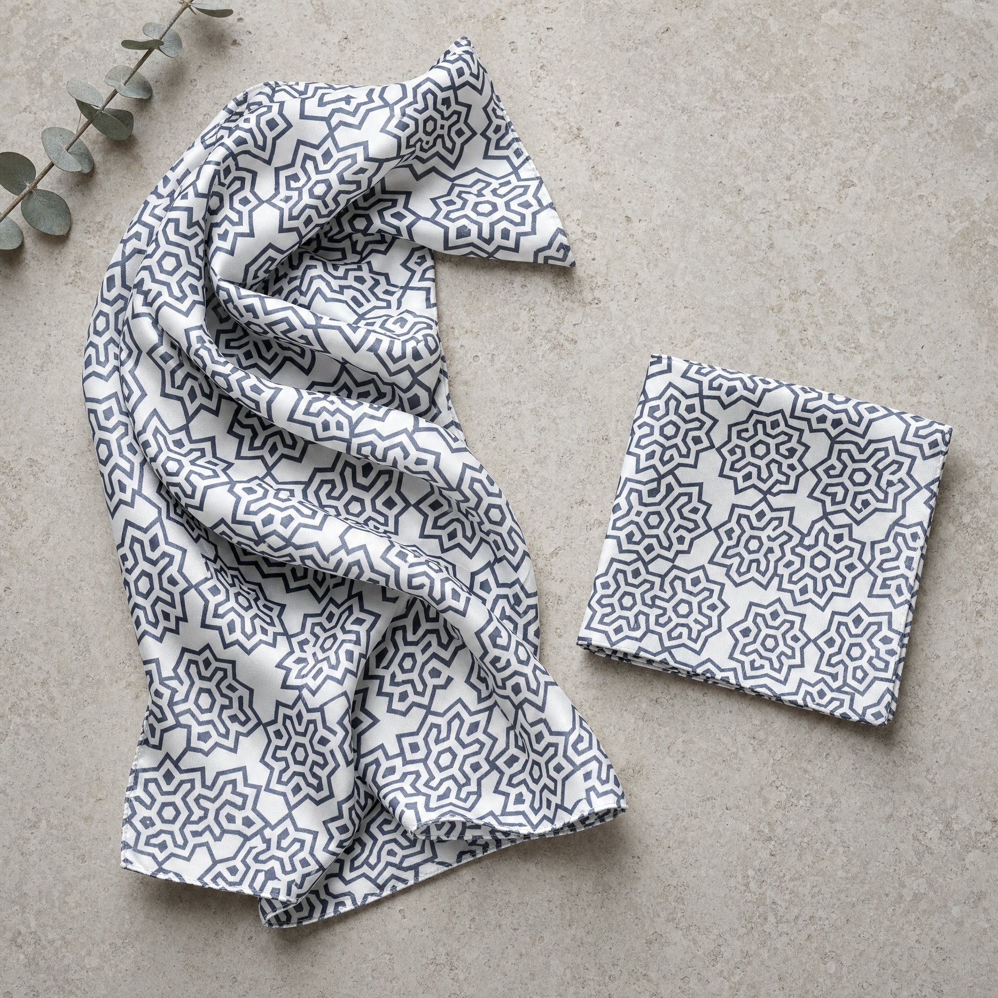Floral Indigo Silk Scarf & Pocket Square Set — 100% silk scarf, draped detail