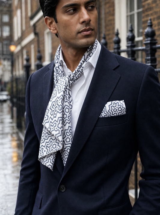 Floral Indigo Silk Scarf & Pocket Square Set worn by a model — men's scarf