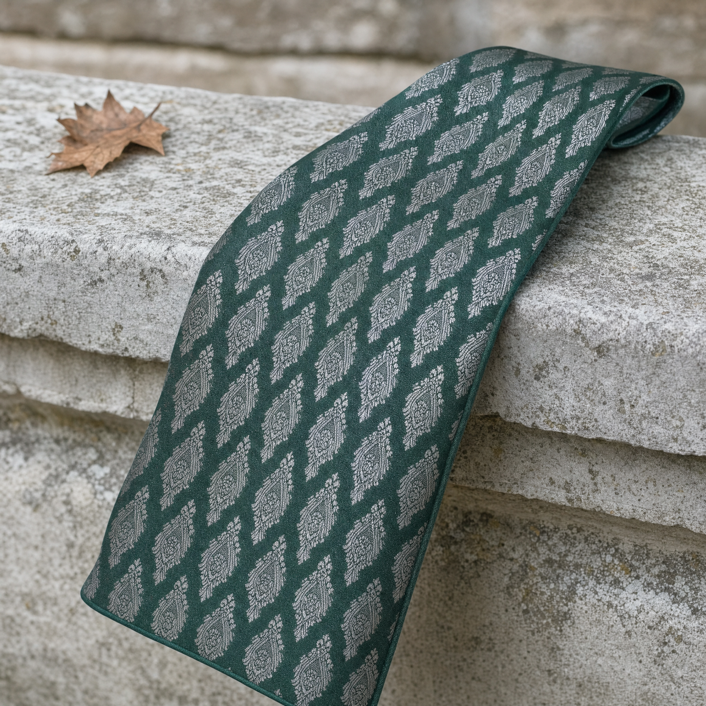 Green Festive Cravat — 100% silk cravat, draped detail