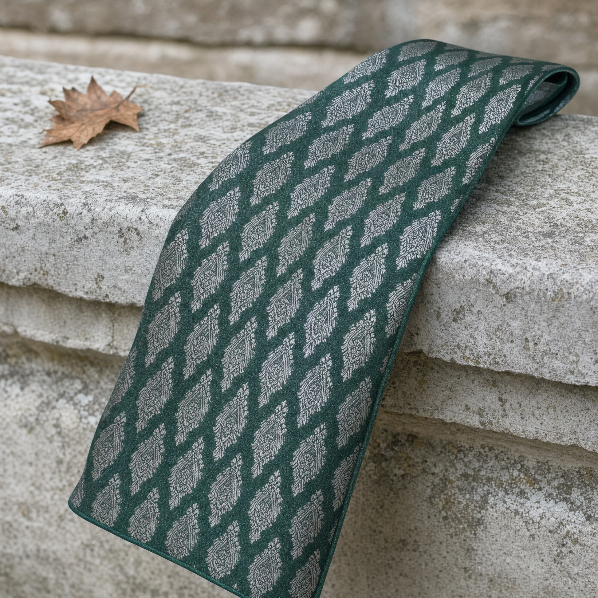 Green Festive Cravat — 100% silk cravat, draped detail