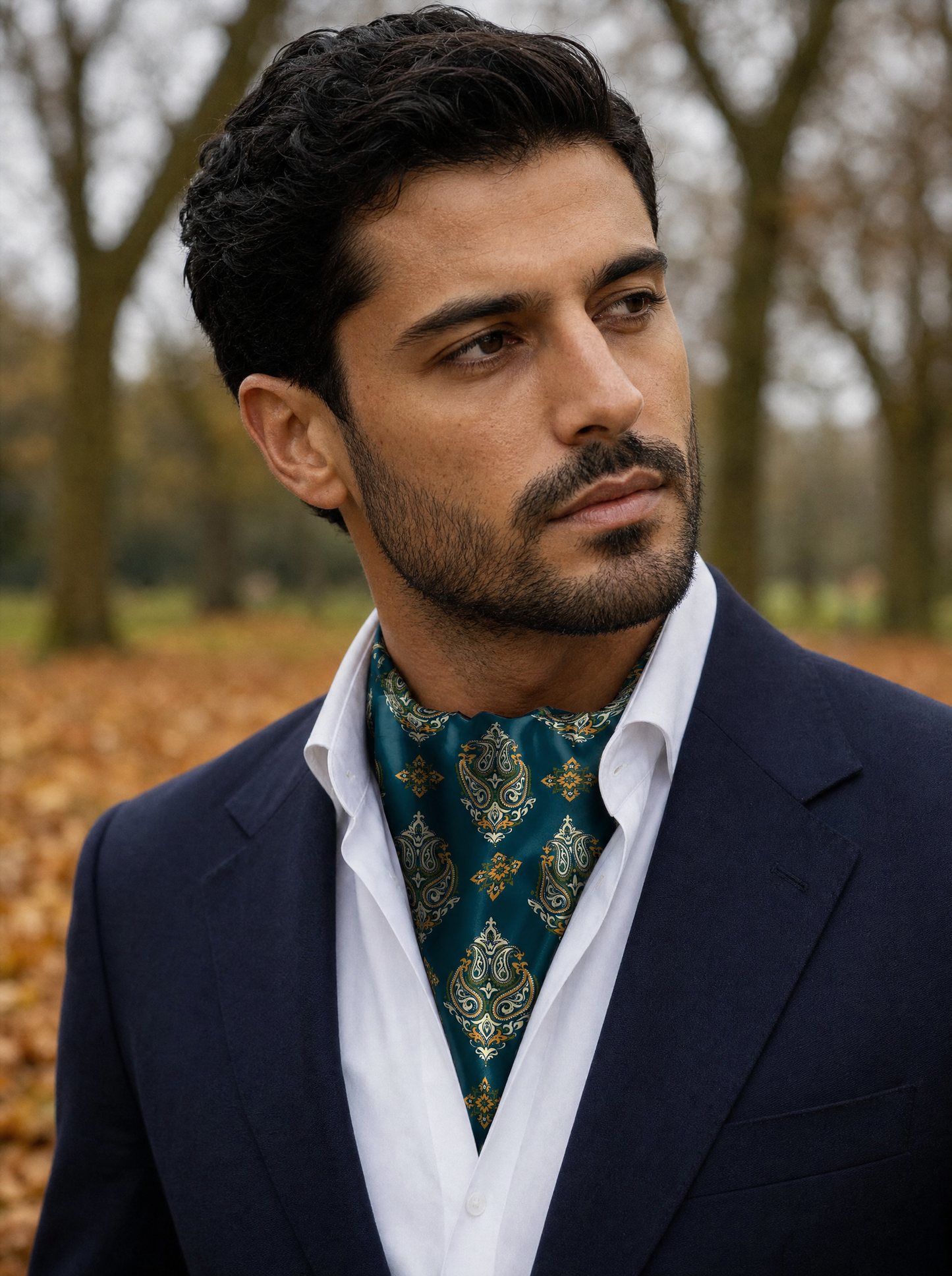 Green & Yellow Mystery Silk Cravat worn by a model — men's cravat