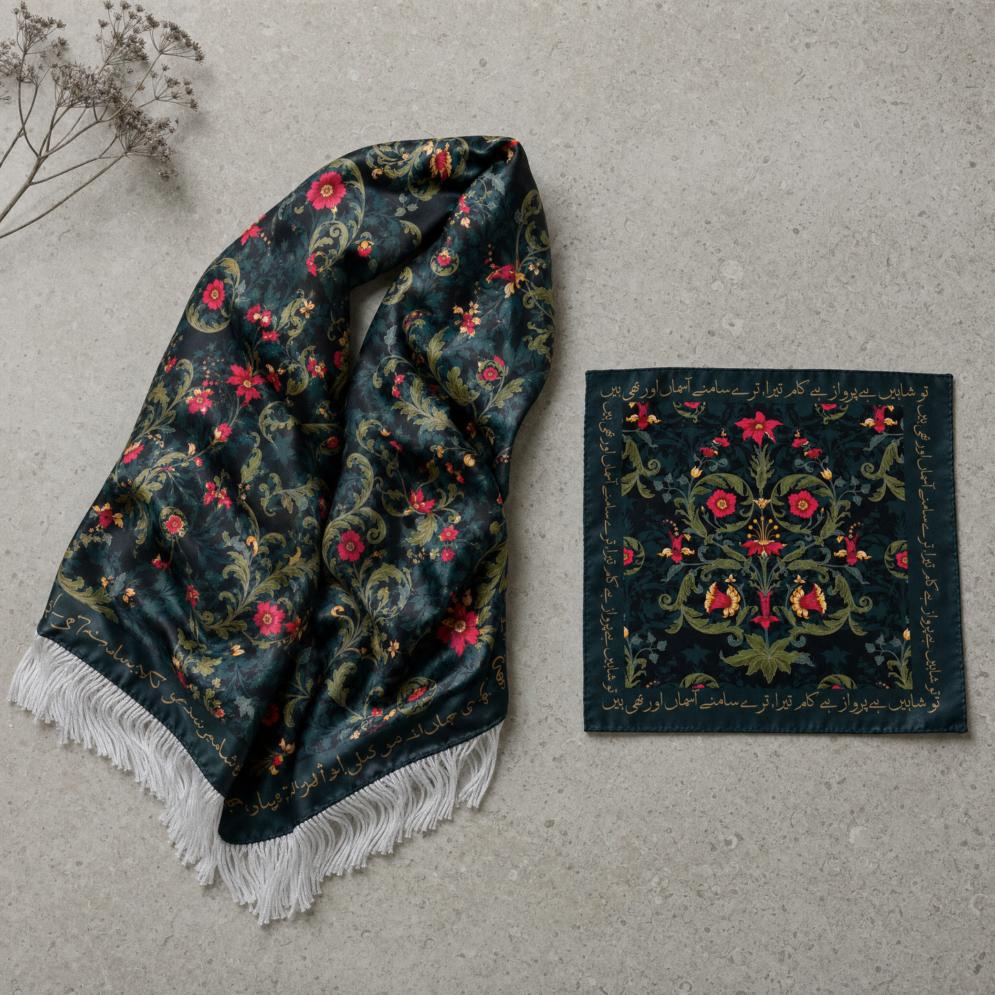 Gulmohar Silk Scarf & Pocket Square Set — 100% silk scarf, draped detail
