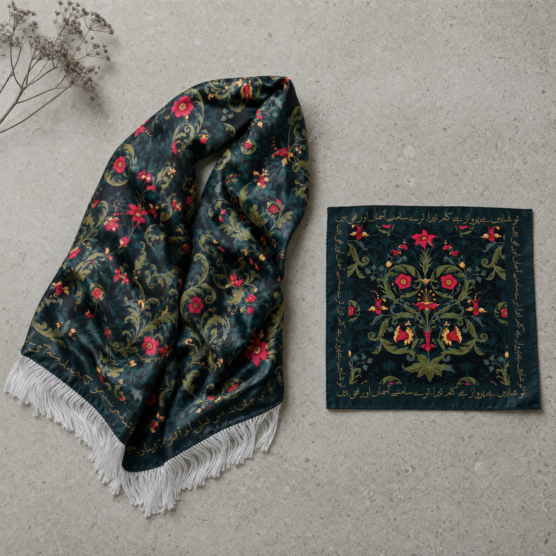 Gulmohar Silk Scarf & Pocket Square Set — 100% silk scarf, draped detail
