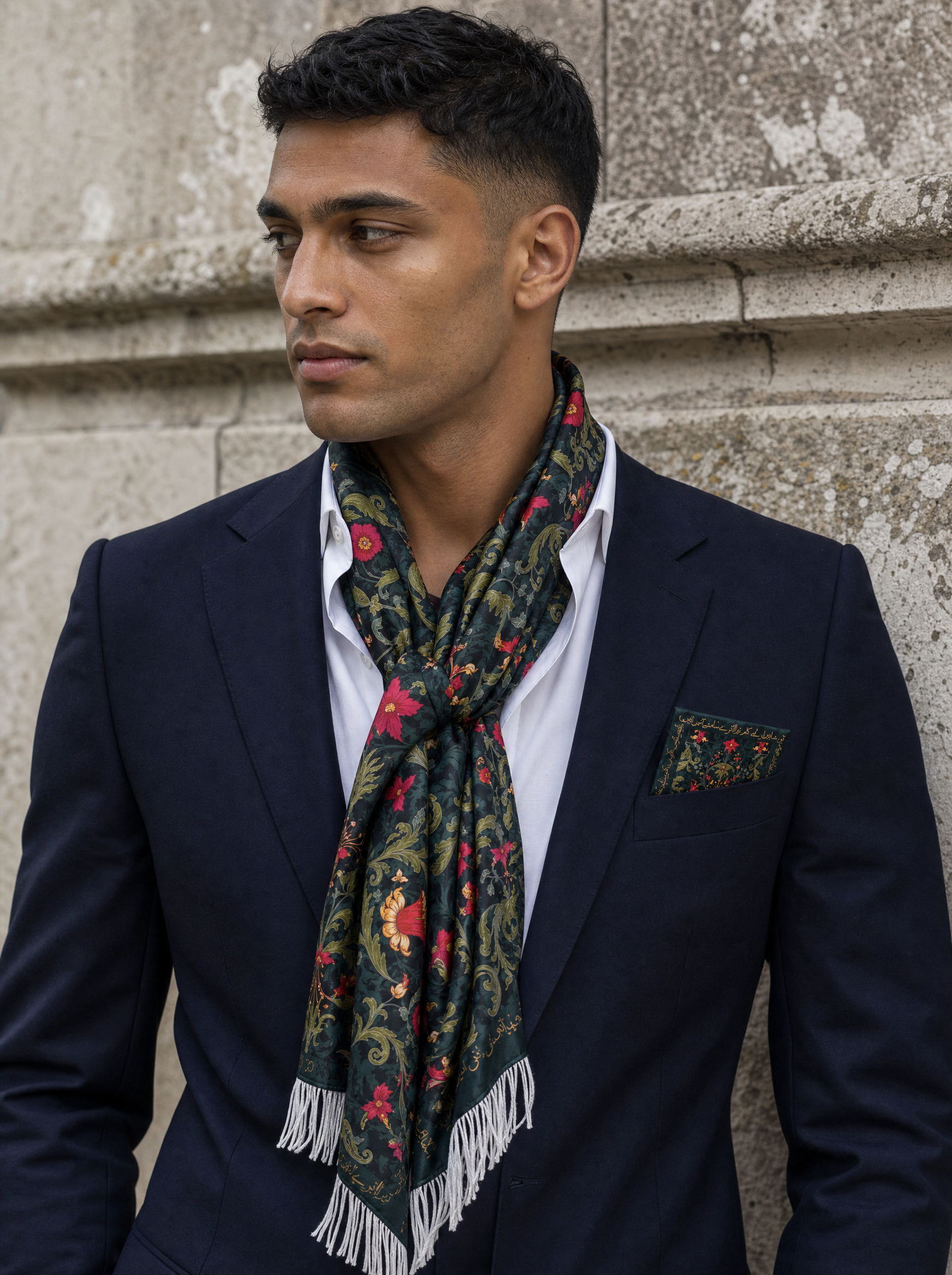 Gulmohar Silk Scarf & Pocket Square Set worn by a model — men's scarf