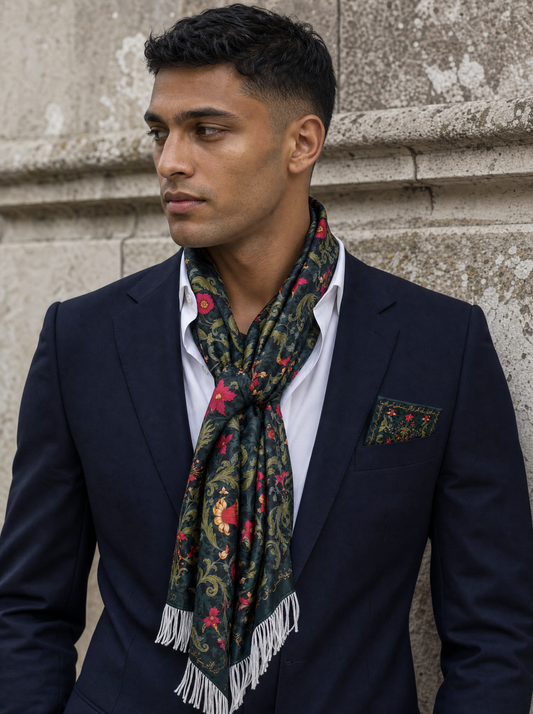 Gulmohar Silk Scarf & Pocket Square Set worn by a model — men's scarf