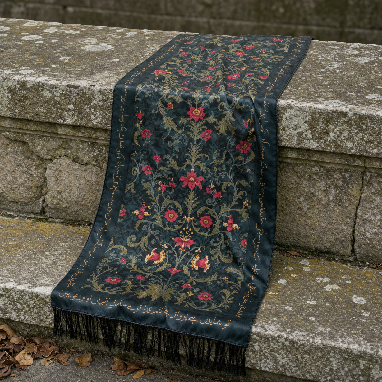 Gulmohar Silk Scarf — 100% silk scarf, draped detail