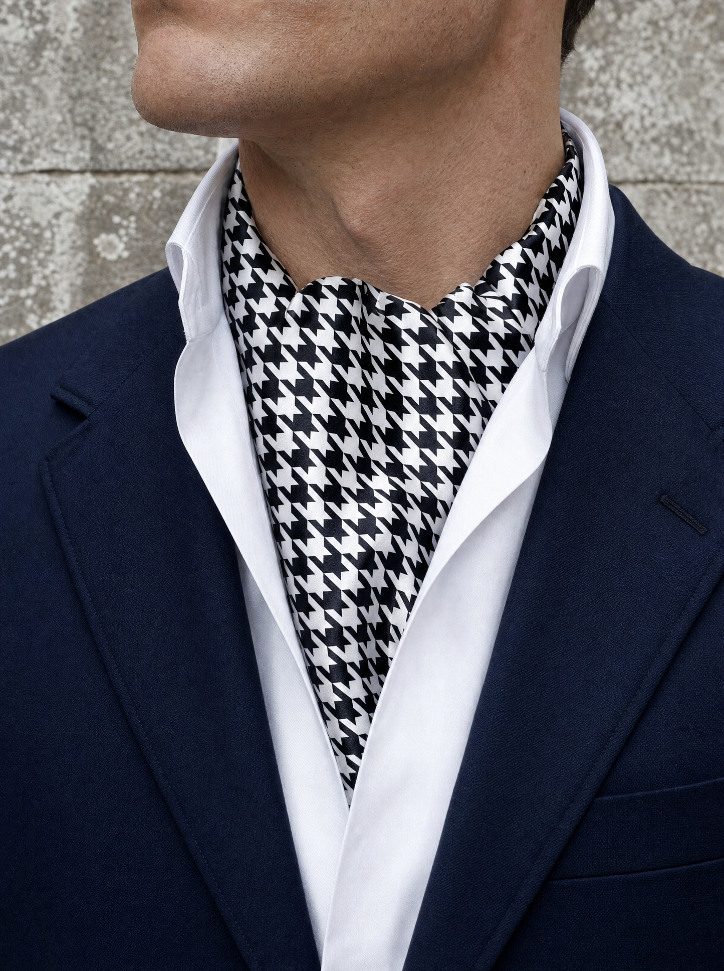 Houndstooth Silk Cravat worn by a model — men's cravat