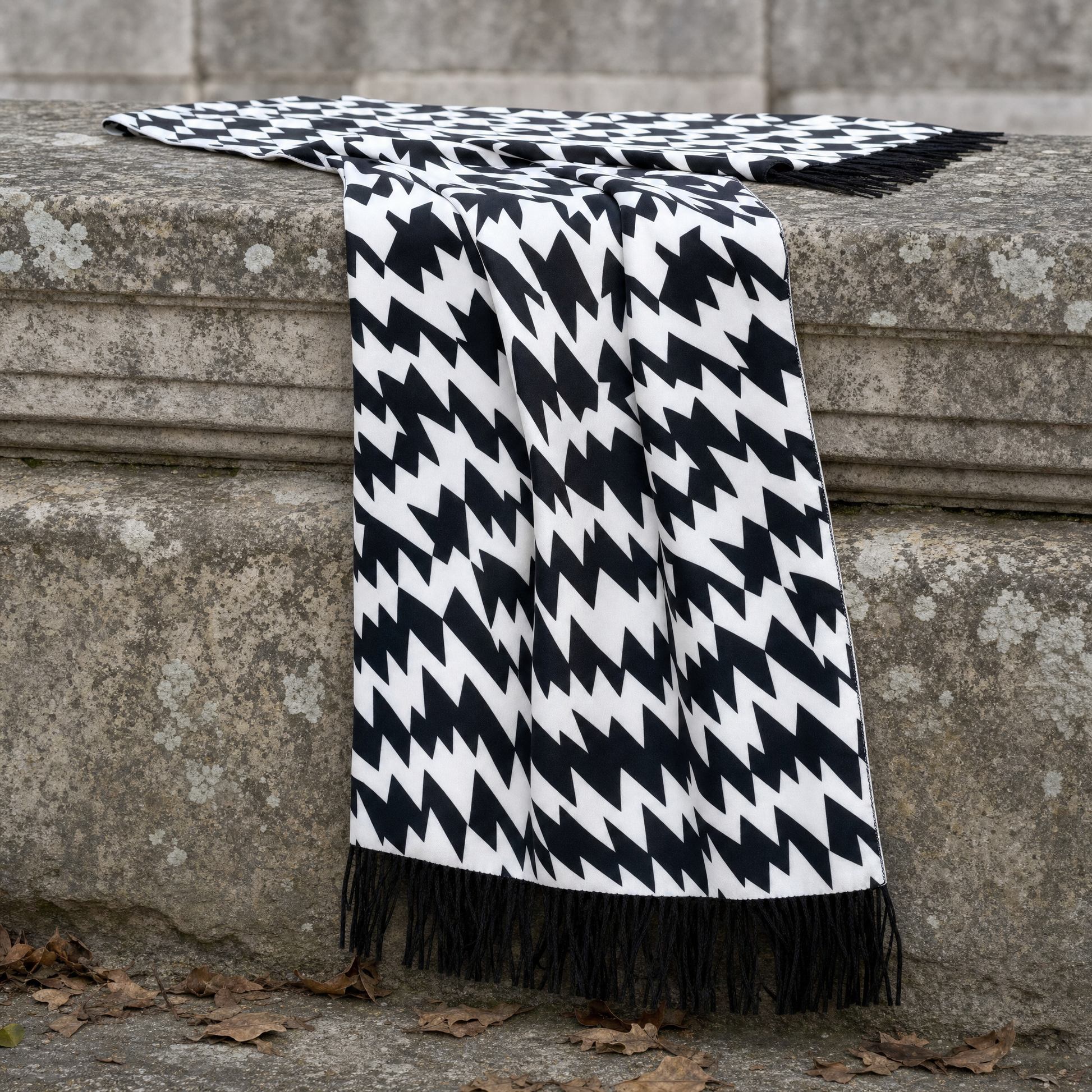 Houndstooth Silk Scarf — 100% silk scarf, draped detail