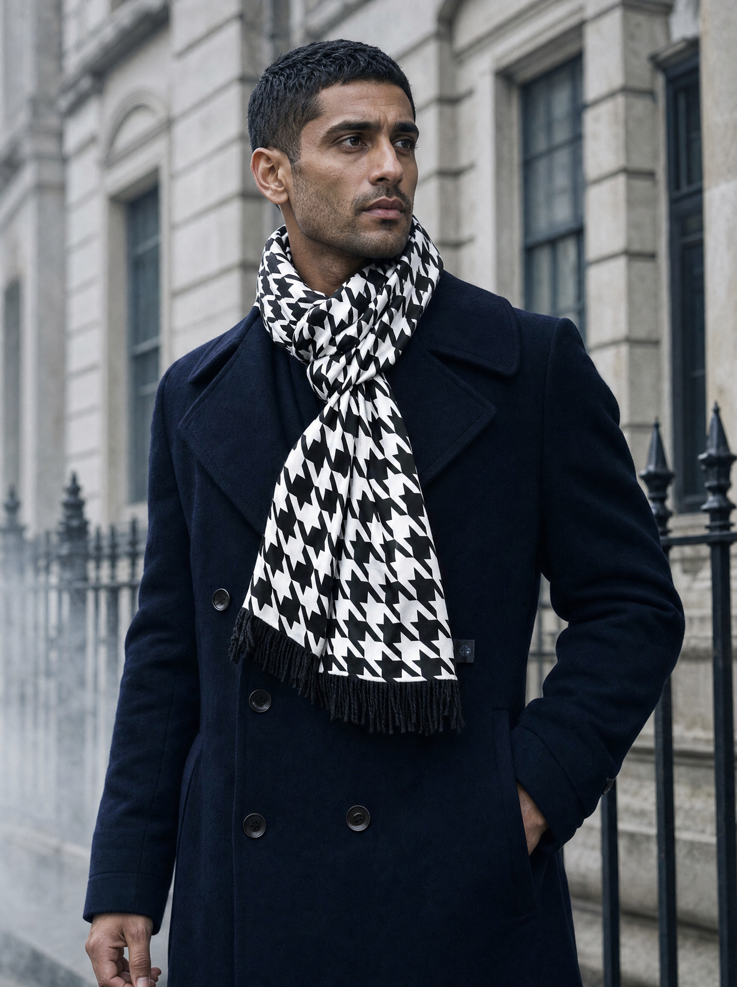 Houndstooth Silk Scarf worn by a model — men's scarf