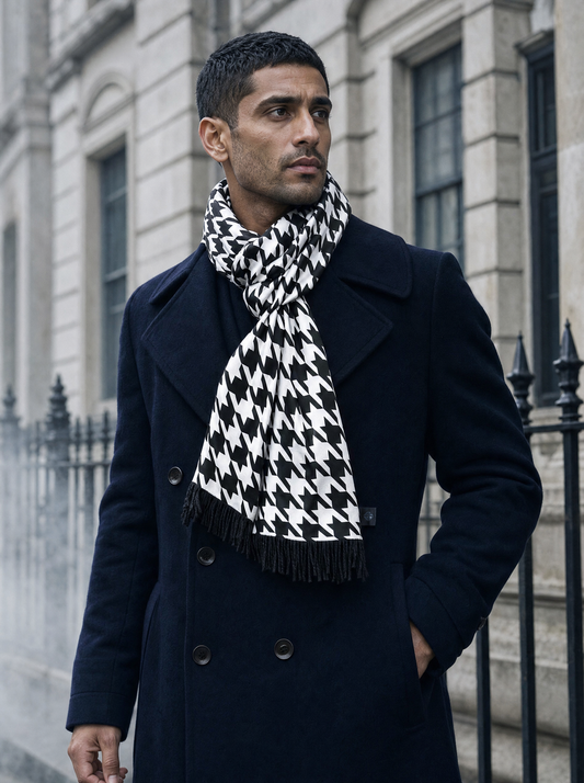 Houndstooth Silk Scarf worn by a model — men's scarf