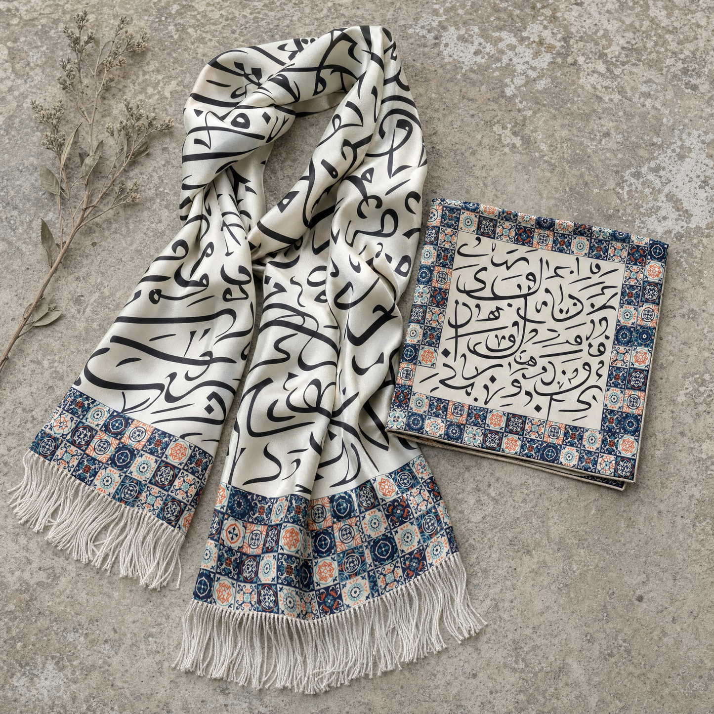 Huroof Silk Scarf & Pocket Square Set — 100% silk scarf, draped detail