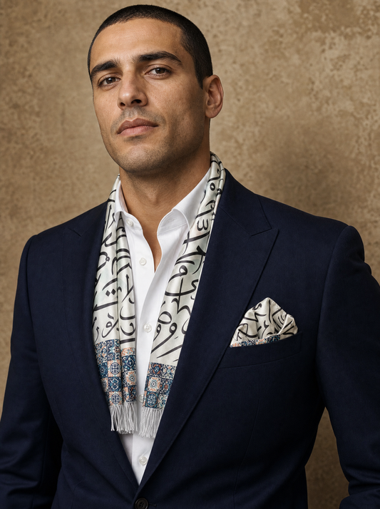 Huroof Silk Scarf & Pocket Square Set worn by a model — men's scarf