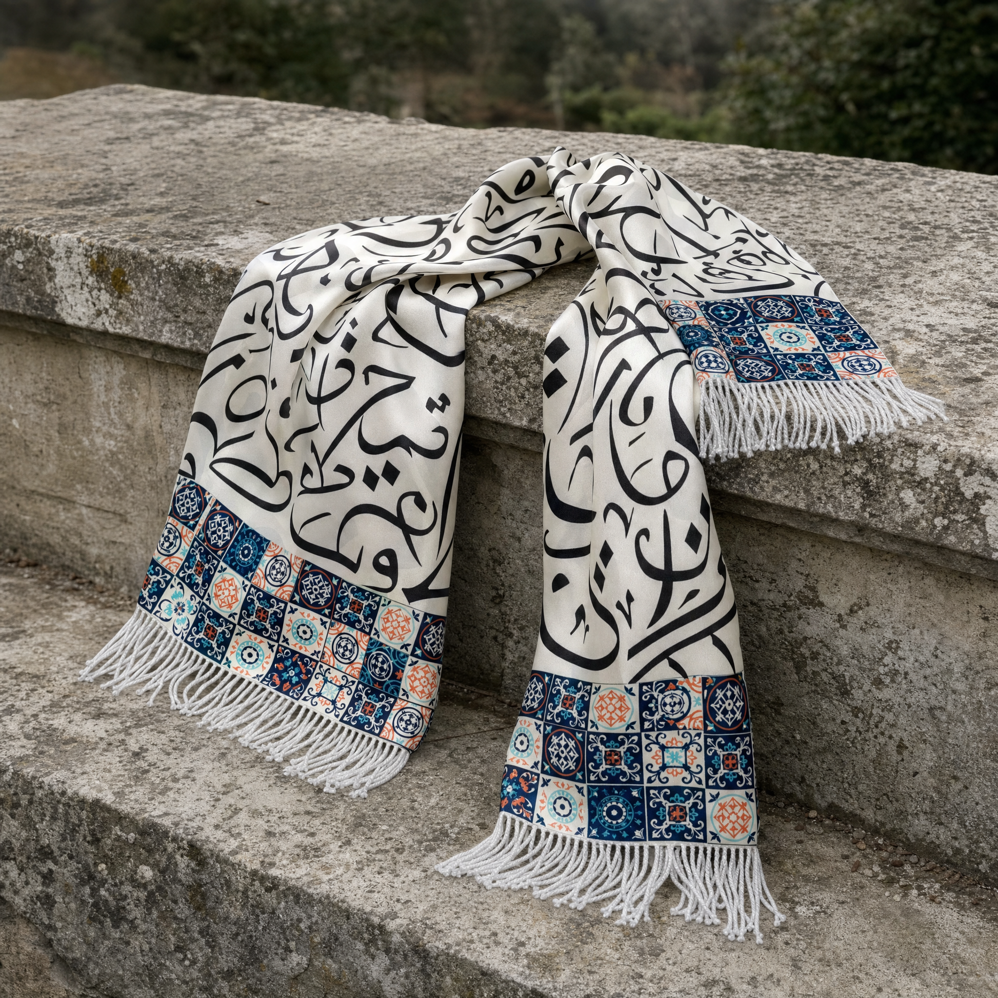 Huroof Silk Scarf — 100% silk scarf, draped detail