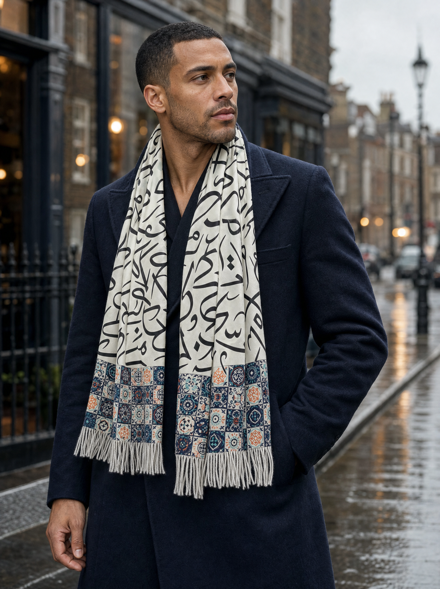 Huroof Silk Scarf worn by a model — men's scarf