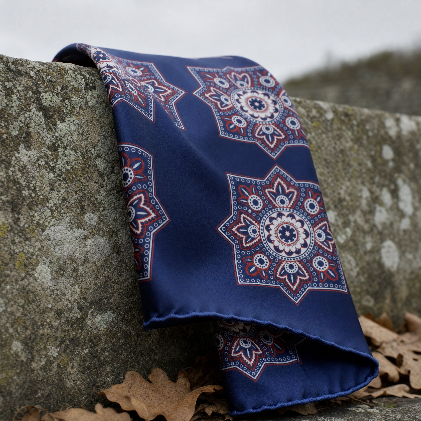 Imperial Ajrak Silk Cravat — 100% silk cravat, draped detail