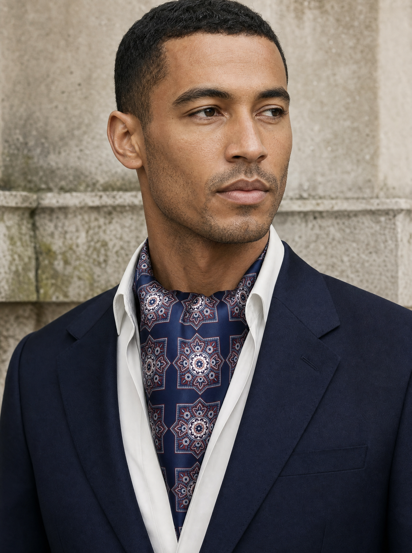 Imperial Ajrak Silk Cravat worn by a model — mens silk cravat