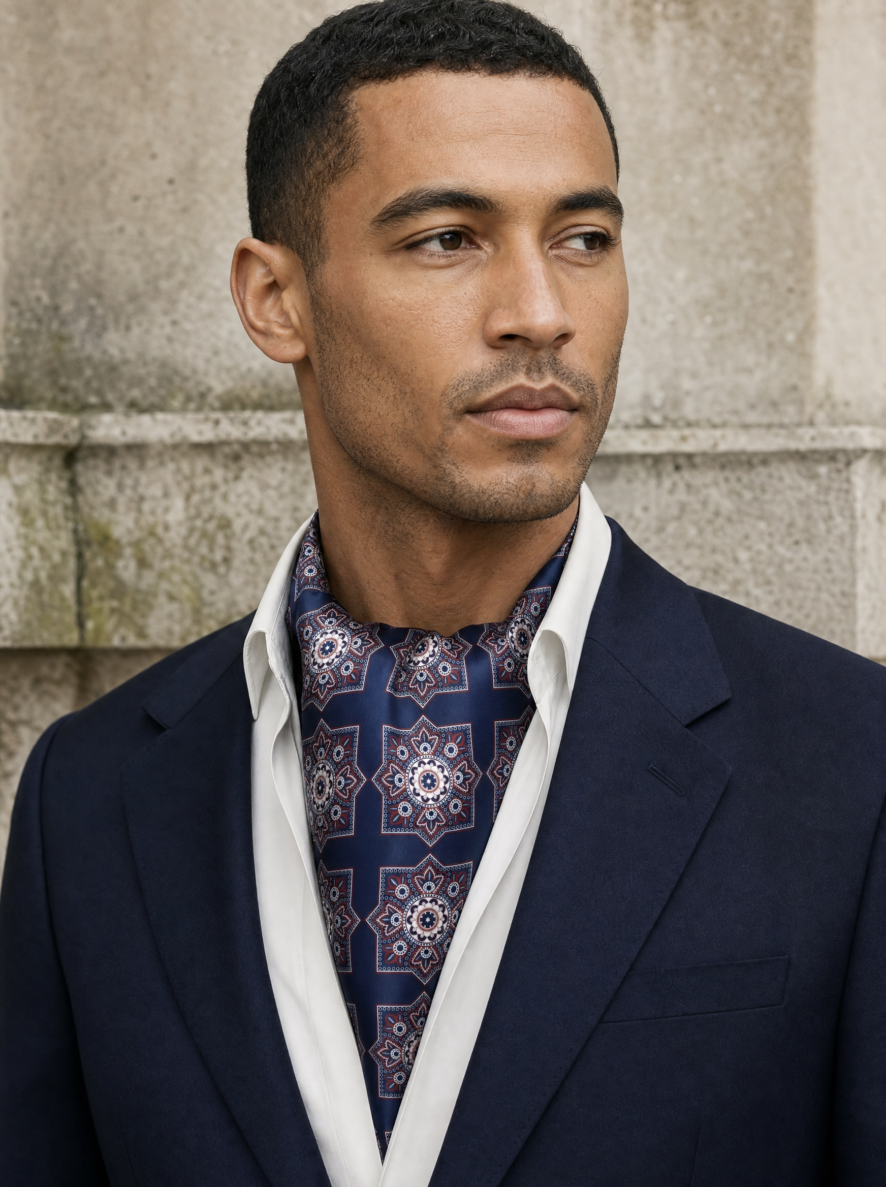 Imperial Ajrak Silk Cravat worn by a model — mens silk cravat