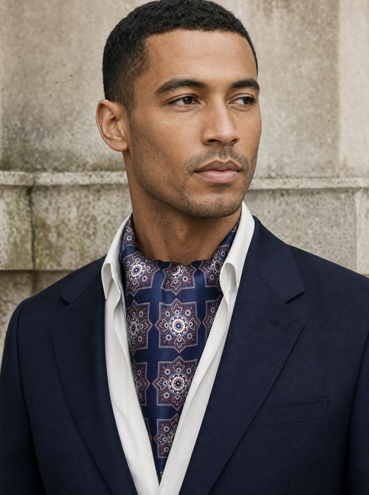 Imperial Ajrak Silk Cravat worn by a model — mens silk cravat