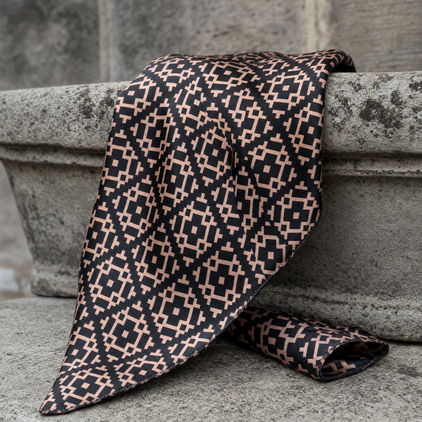Jacquard Silk Cravat — 100% silk cravat, draped detail